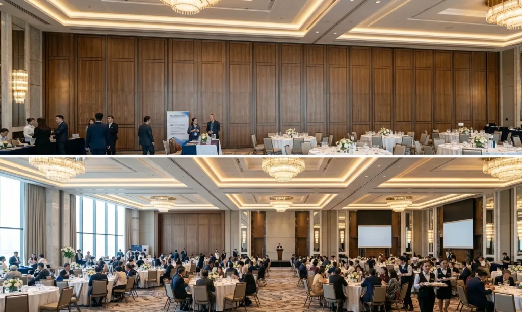 Perbandingan grand ballroom hotel saat partisi ruangan geser ditutup untuk acara privat dan dibuka penuh untuk konferensi skala besar. -Panduan lengkap pintu lipat